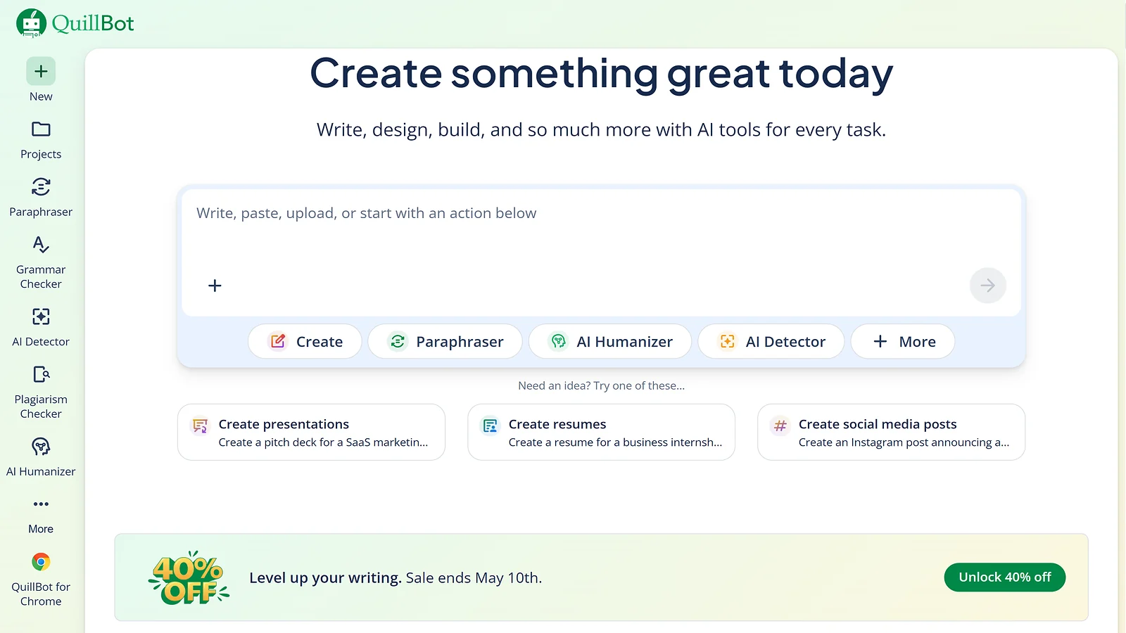 QuillBot dashboard featuring tools to create presentations, resumes, and social media posts.