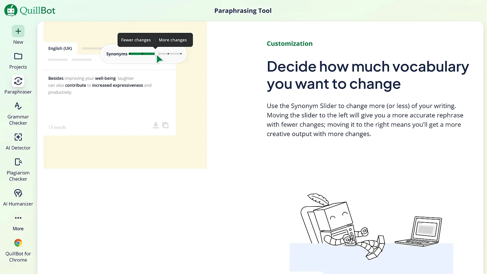 QuillBot paraphrasing tool demonstrating the Synonym Slider to adjust vocabulary changes in text.