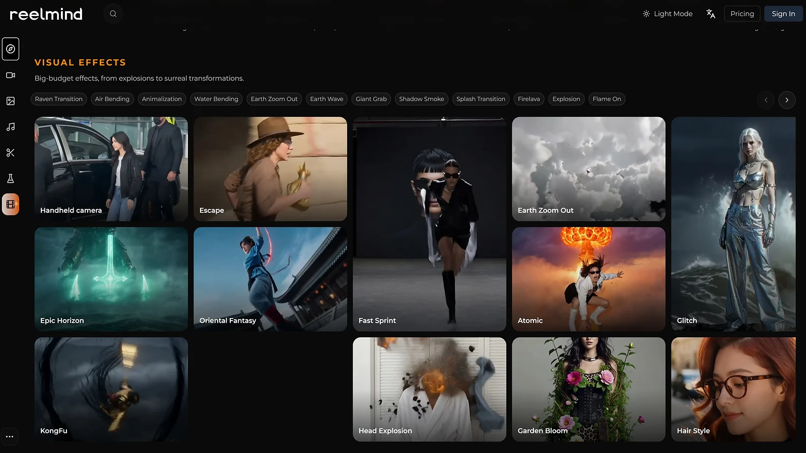 Reelmind visual effects dashboard with options like Earth Zoom Out, Fast Sprint, and Atomic effects