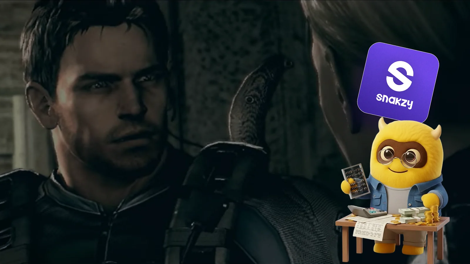 La mascota y el logotipo de Snakzy junto con imágenes del juego «Resident Evil 5 Edición Oro»
