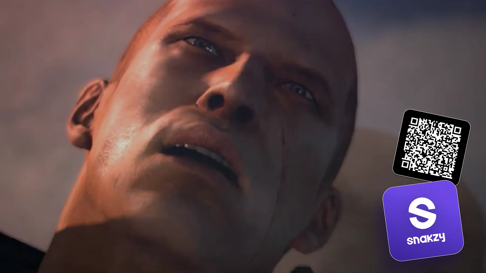 Resident Evil 6 character close-up next to the Snakzy logo and app QR code