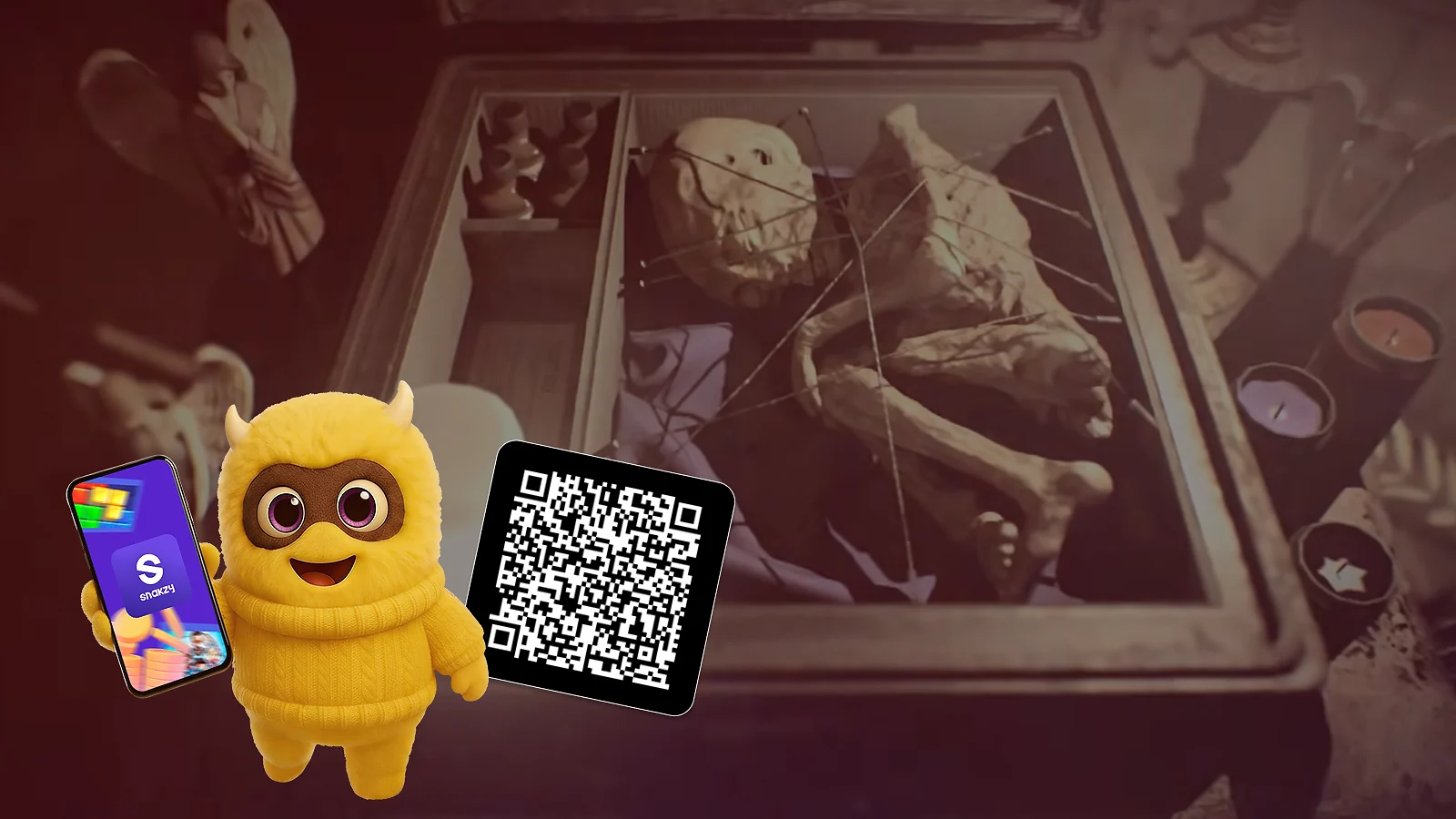 gameplay and snakzy mascot with QR code