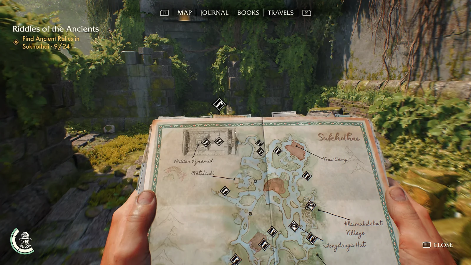 Examining a hand-drawn map of Sukhothai ruins in Indiana Jones and the Great Circle
