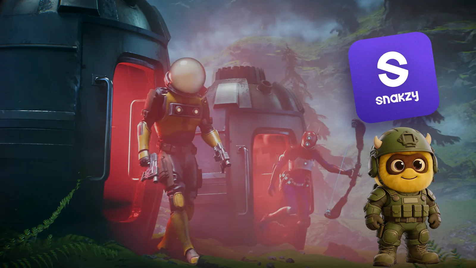 two characters with weapon in the forest, snakzy mascot and logo