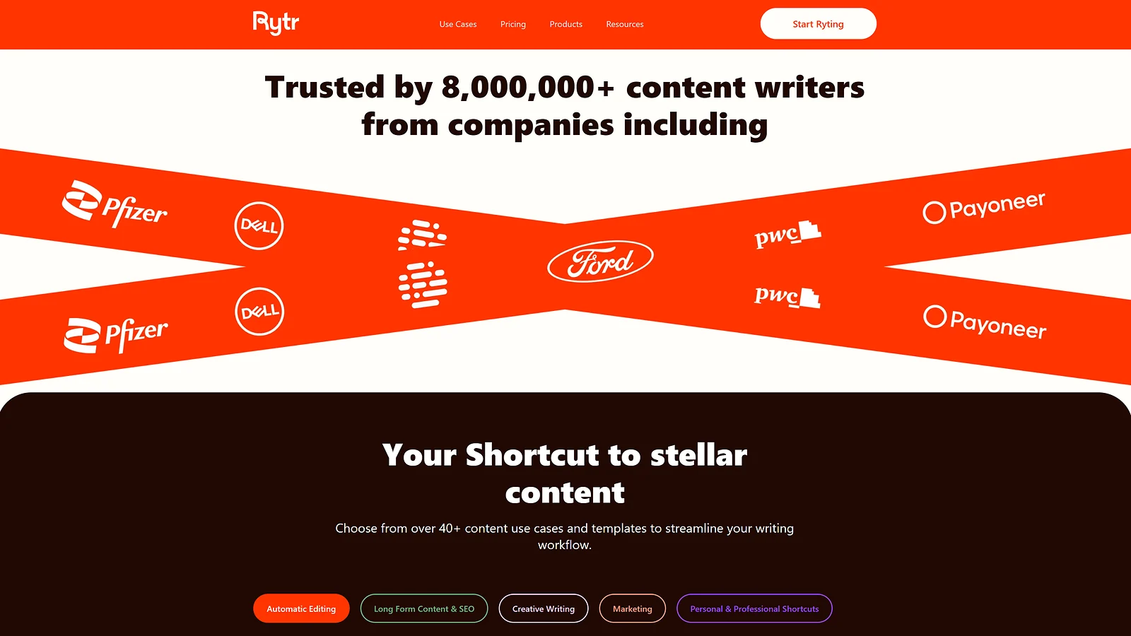 Rytr AI writing assistant homepage showing brand trust logos and content use case options.