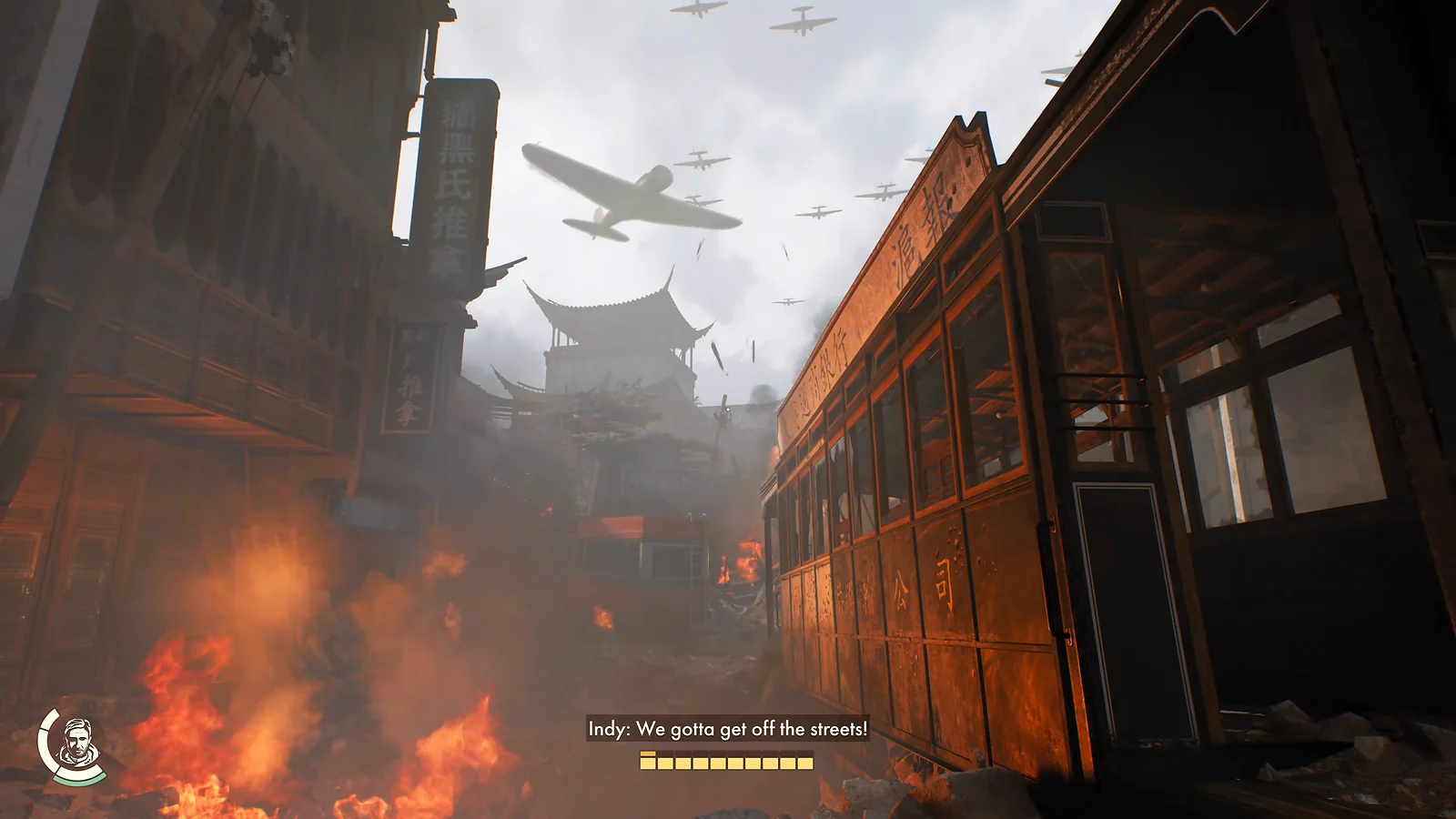 Escaping a burning Shanghai street under warplane attack in Indiana Jones and the Great Circle
