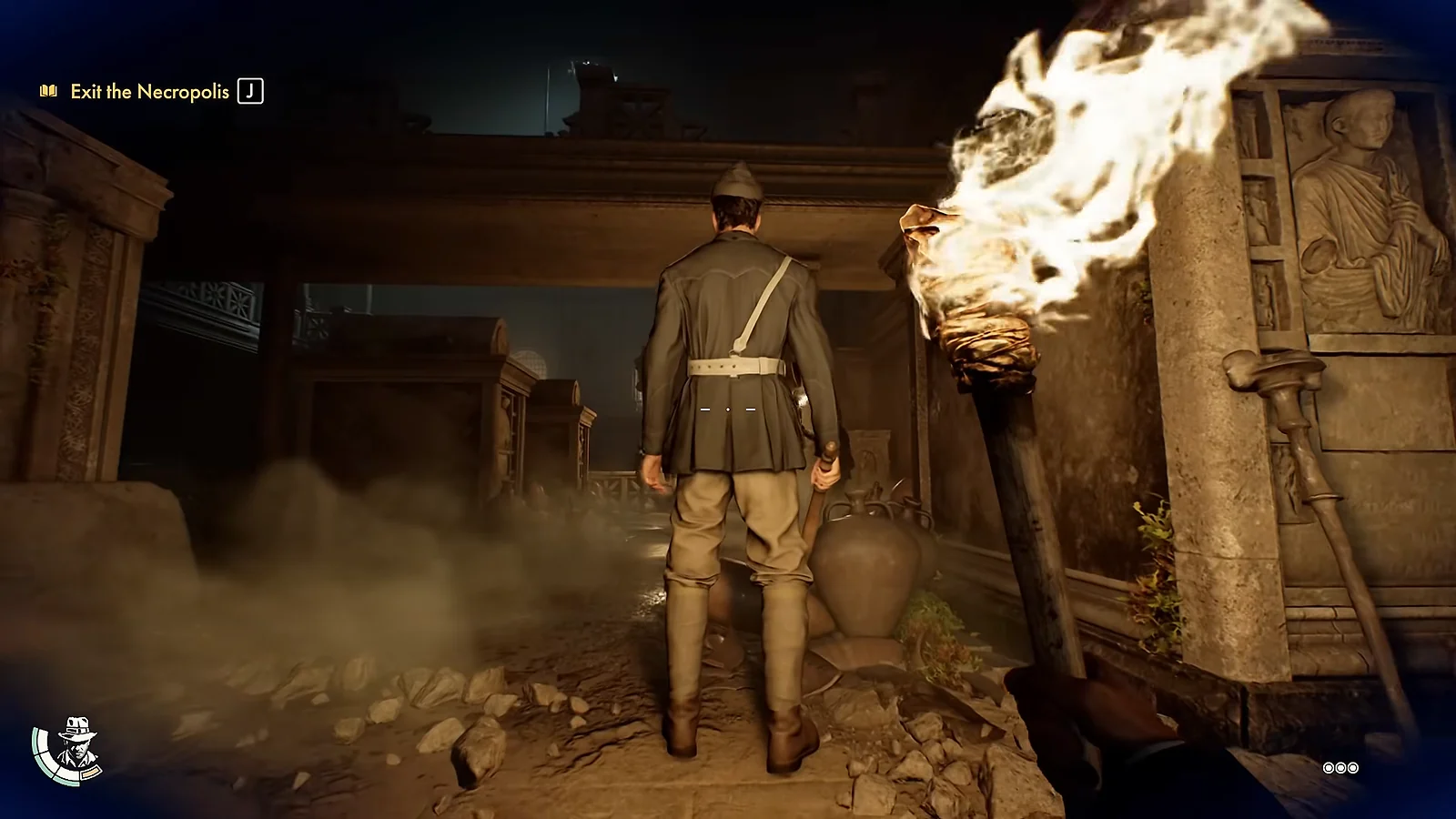 Sneaking up behind a guard with a torch in a dark tomb in Indiana Jones and the Great Circle