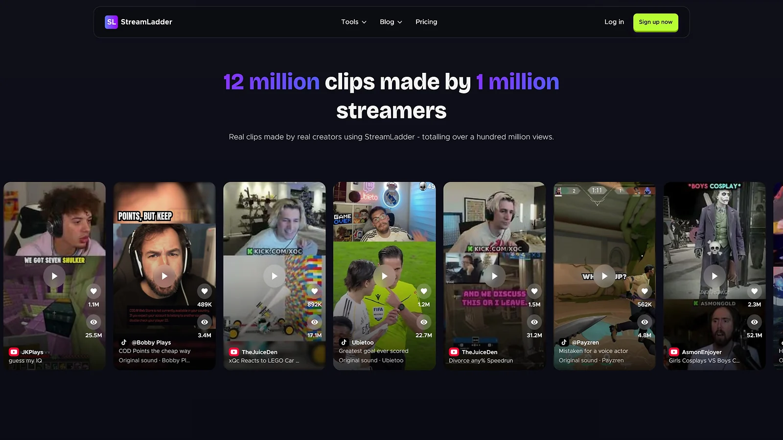 StreamLadder website showcasing high-performing vertical clips created by top streamers