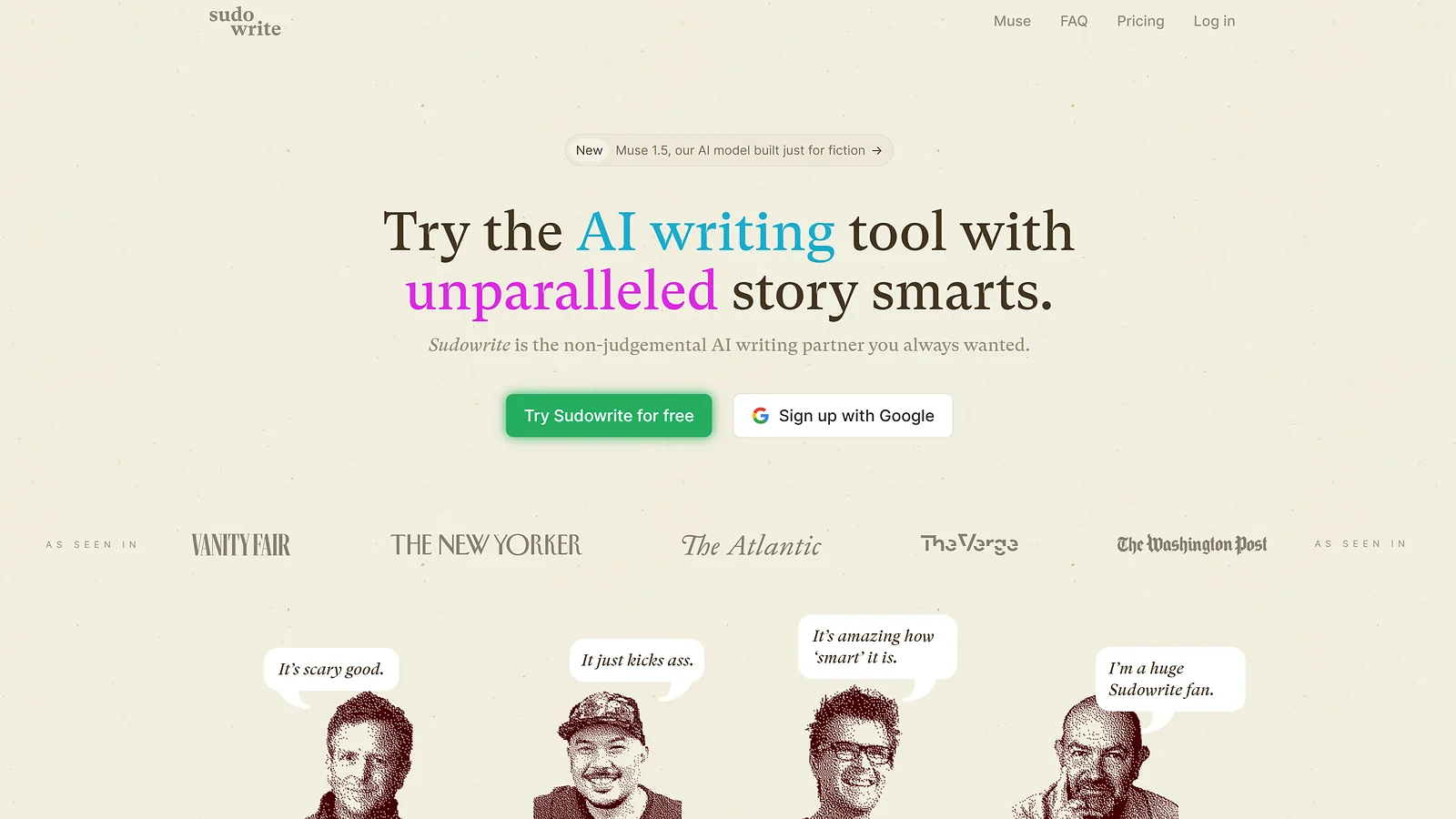 Sudowrite homepage highlighting AI story writing tools for fiction authors.