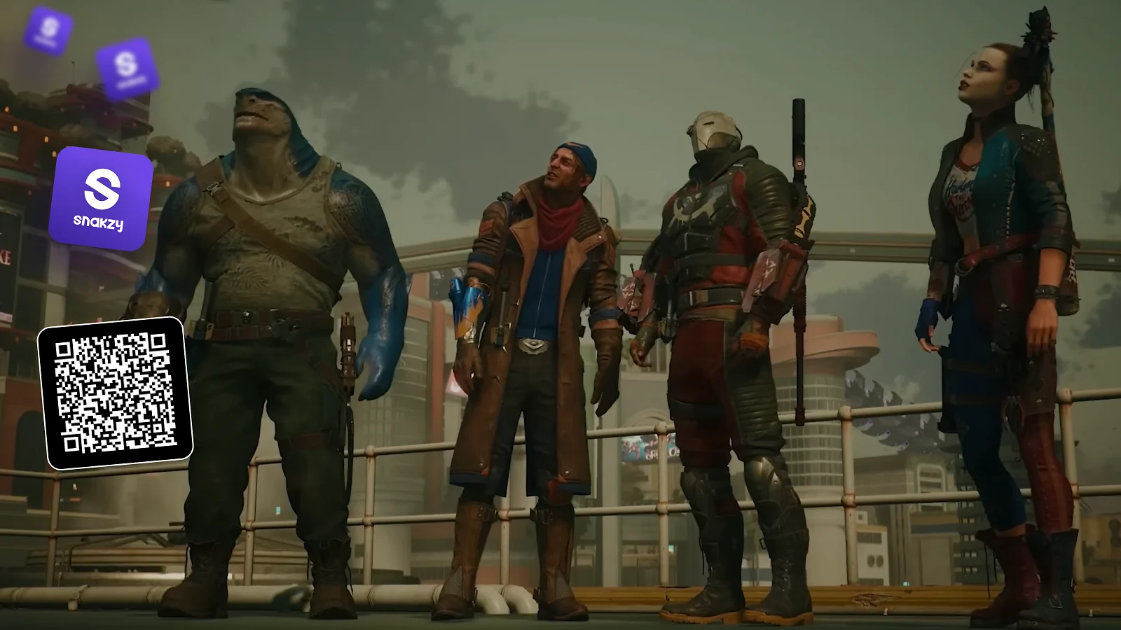 4 heroes looking at the sky, snakzylogo and QR code