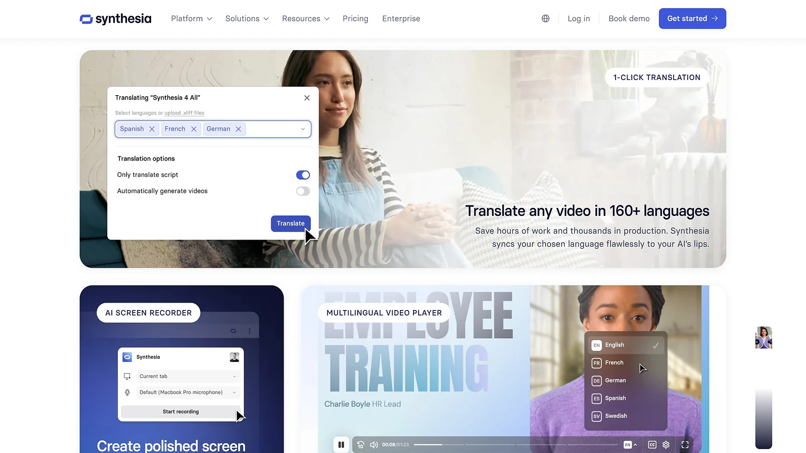 Synthesia platform interface highlighting AI video translation in over 160 languages