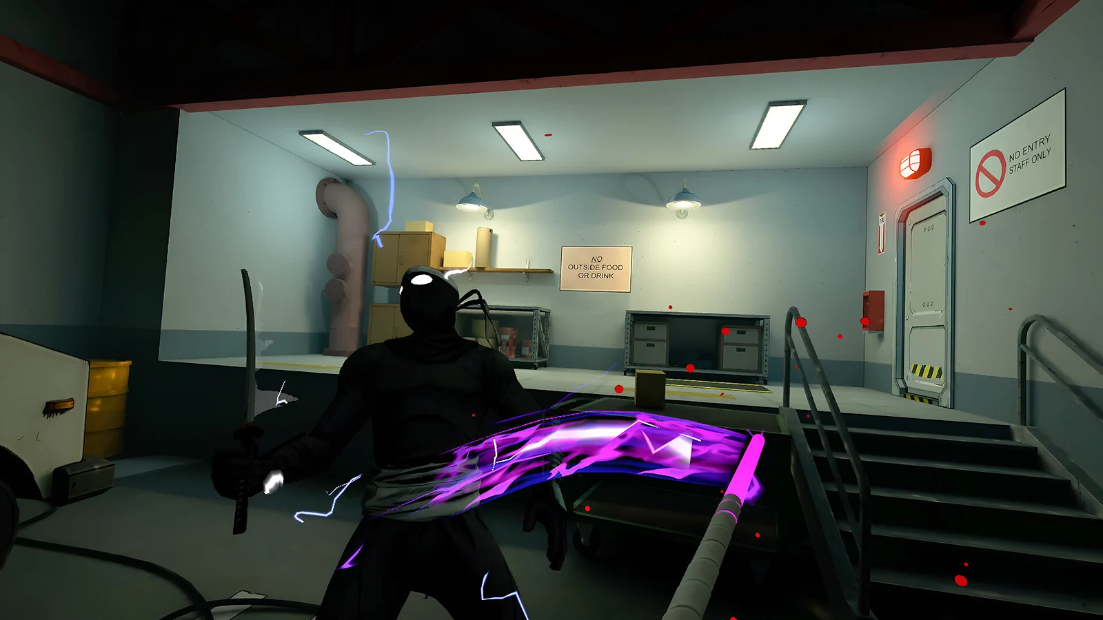 First-person combat view of a Turtle striking a robotic enemy with a glowing purple staff.