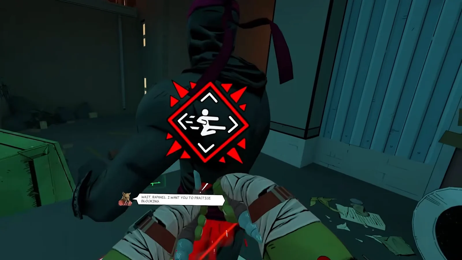 Combat tutorial showing a blocking prompt while facing a practice dummy.