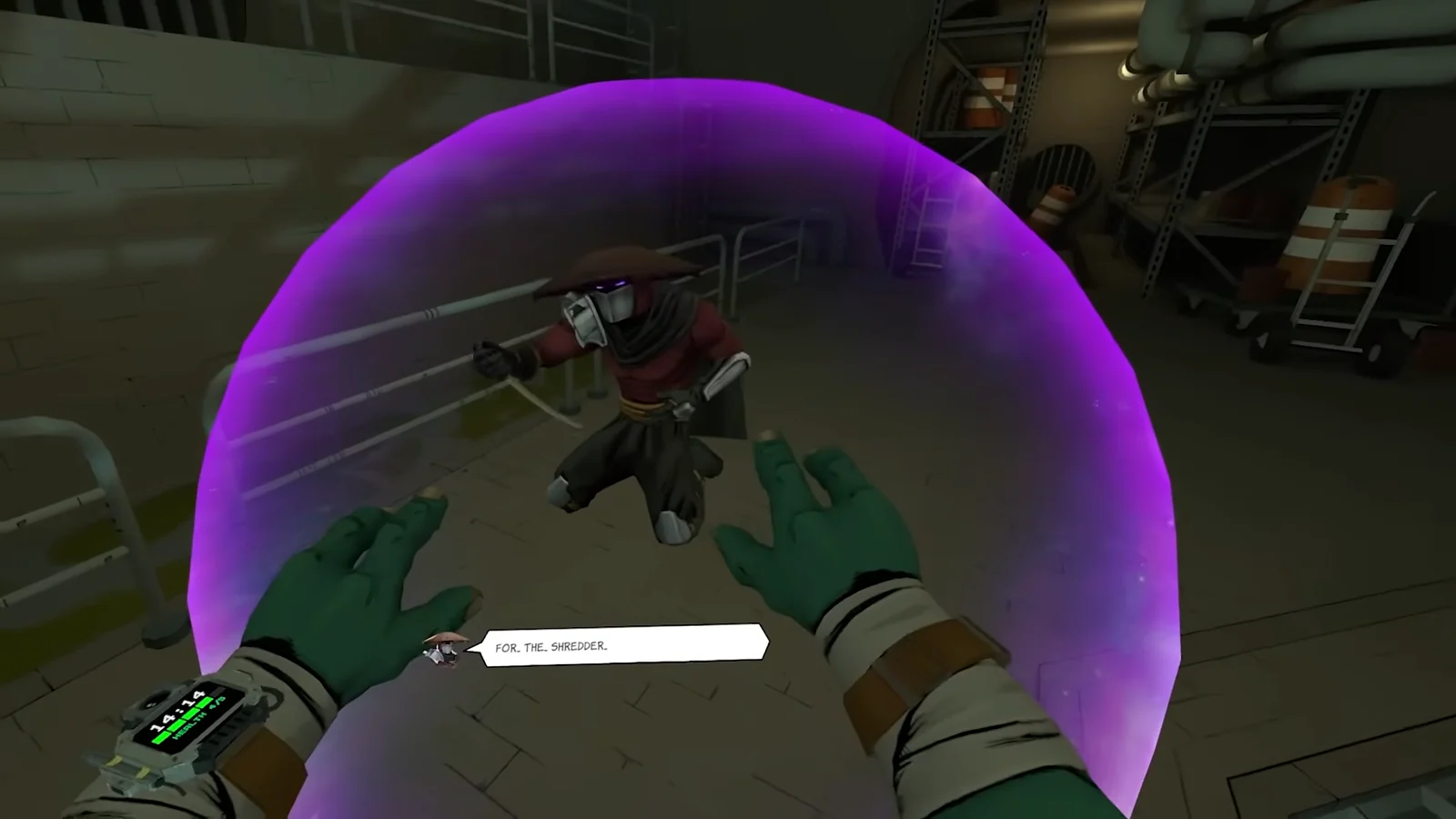 First-person view of a Foot Soldier trapped inside a glowing purple energy sphere.
