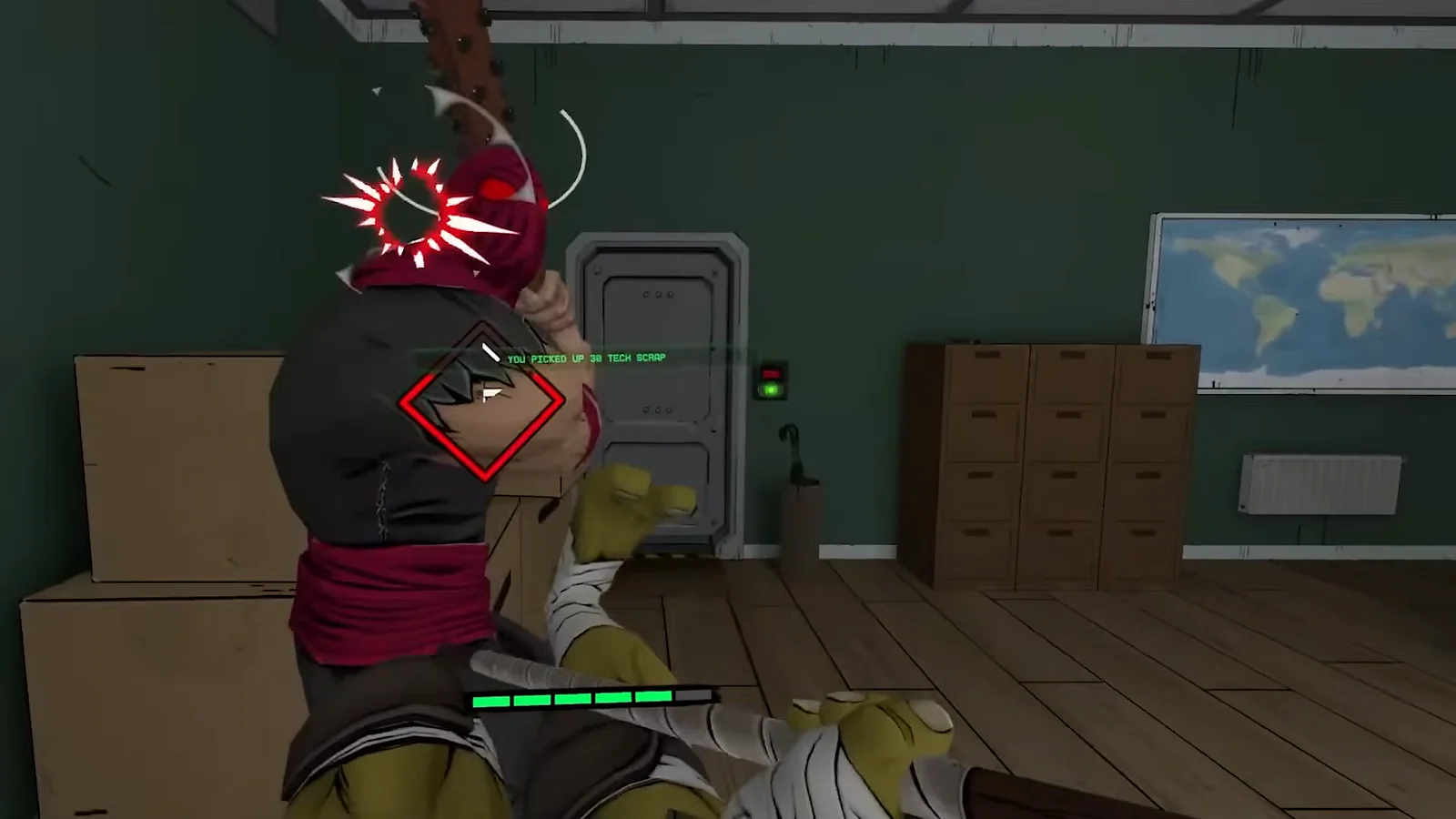 Gameplay view showing an enemy's health bar and a "Tech Scrap" pickup notification.