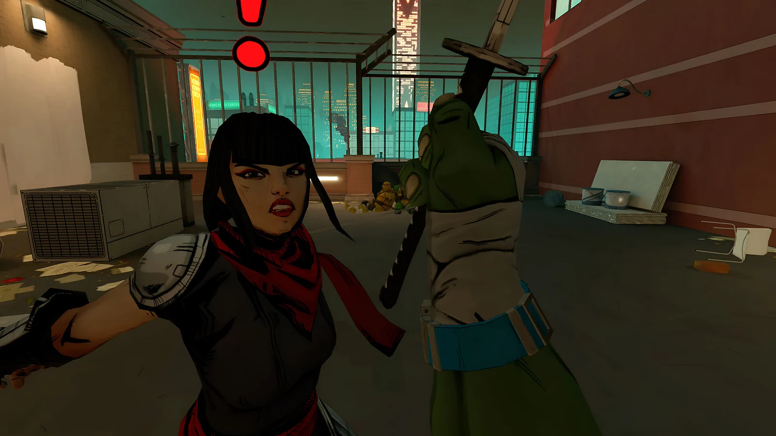 Close-up of Karai prepared for combat against a Ninja Turtle on a city rooftop.