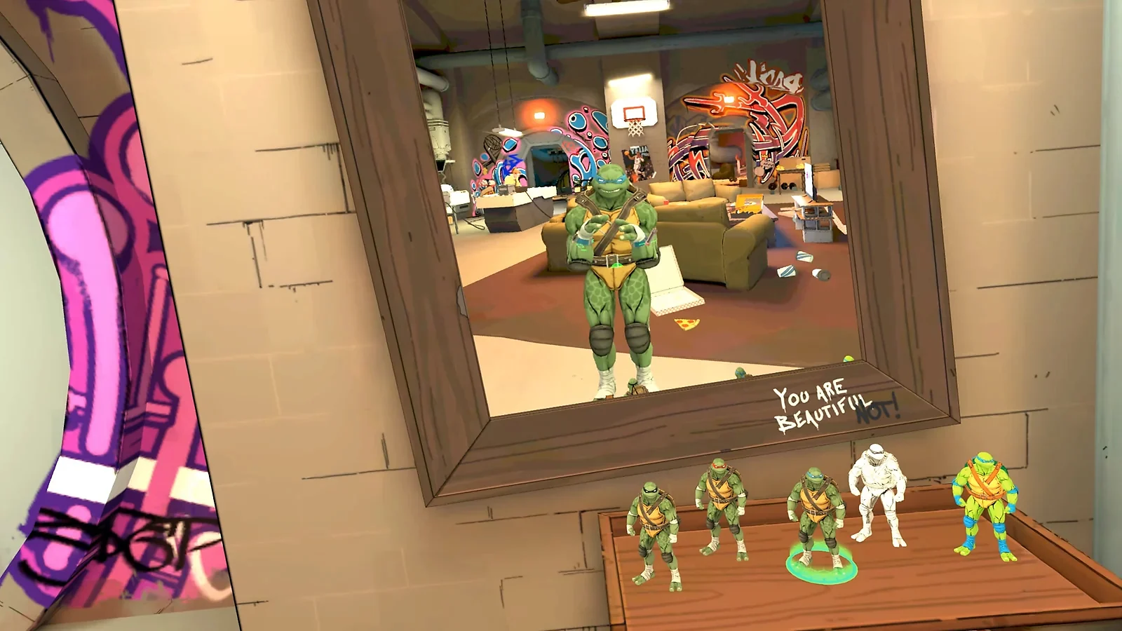 Leonardo looking at his reflection in a lair mirror next to a collection of TMNT action figures.