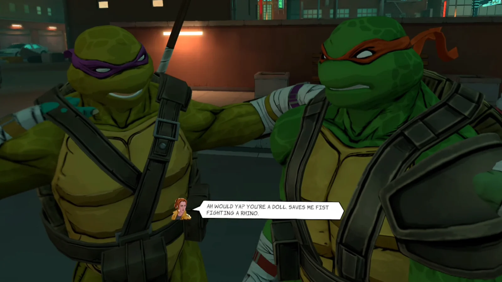 Raphael and Donatello talking in an alleyway with a dialogue box at the bottom.