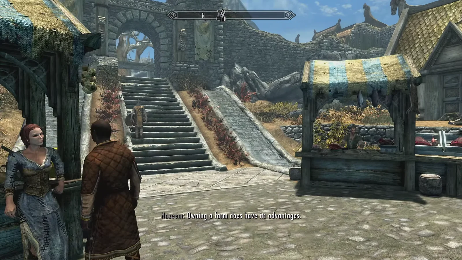 Open-World Medieval RPG: Walking through the Whiterun market in The Elder Scrolls V: Skyrim