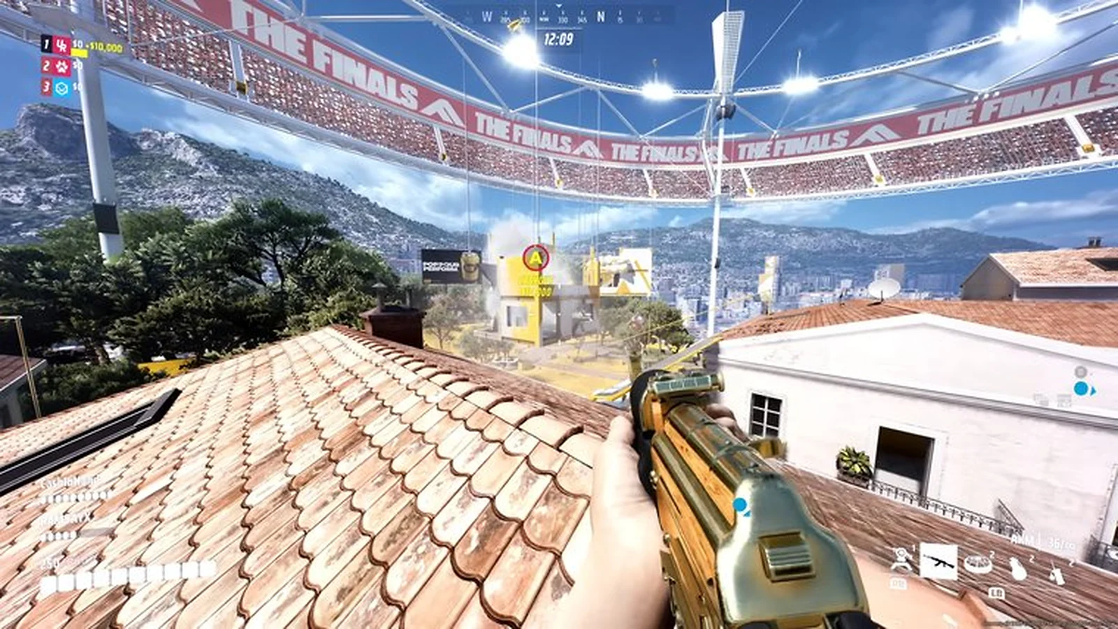 A player aiming a weapon from a rooftop overlooking the arena below