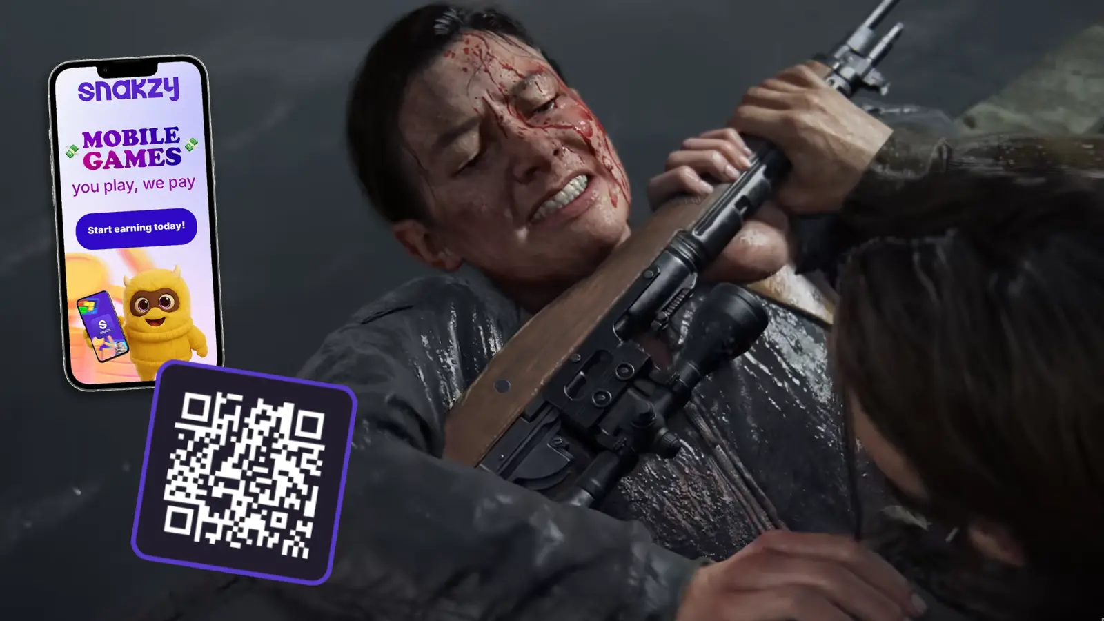 Snakzy app QR code alongside a tense scene from The Last of Us Part II Remastered