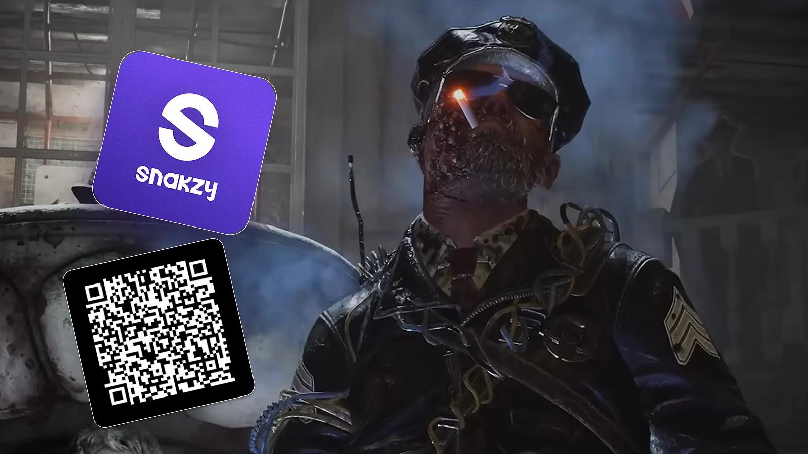 a man with a cigarette, snakzy logo and QR code