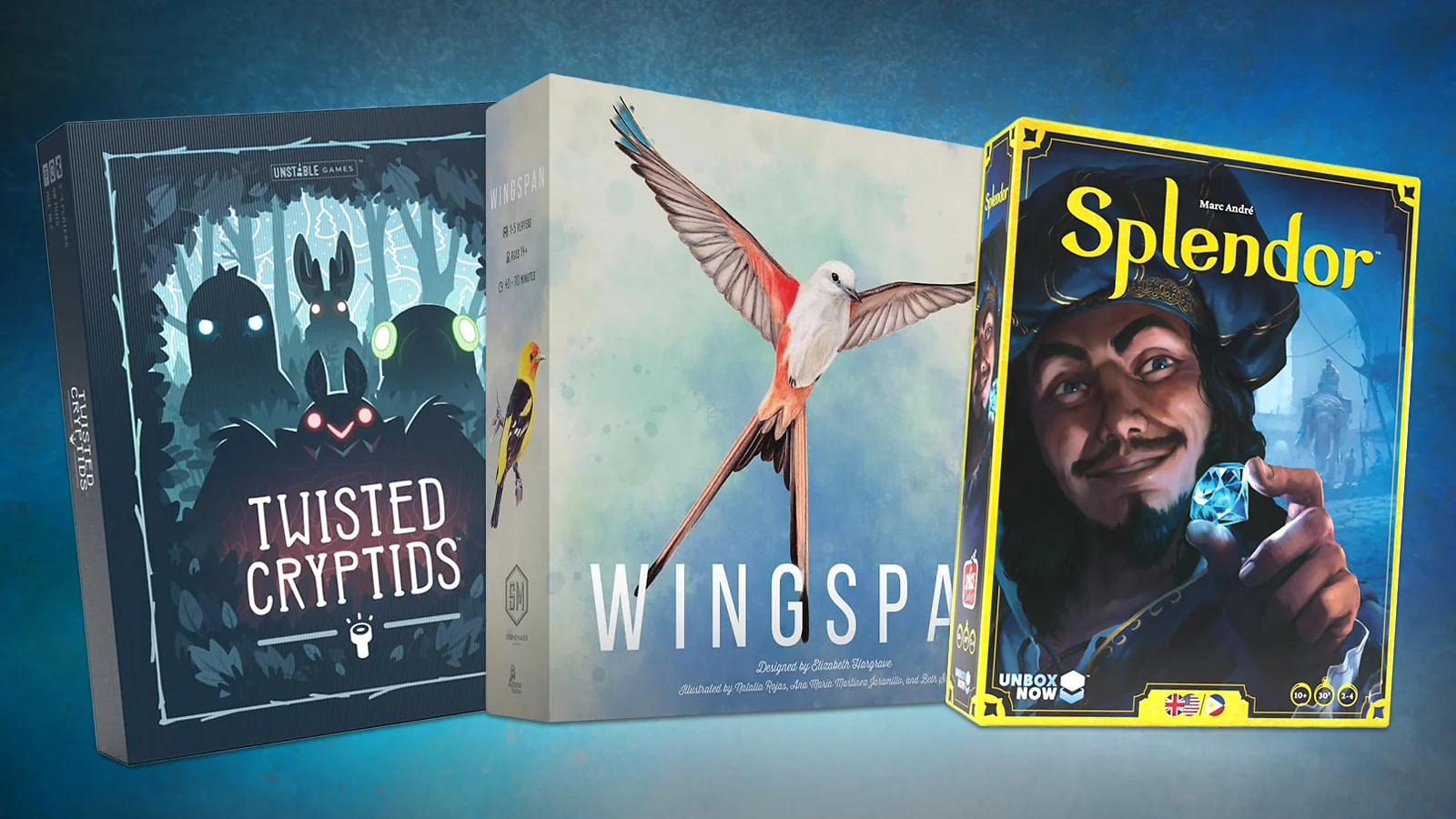 Strategy board games: Twisted Cryptids, Wingspan, and Splendor