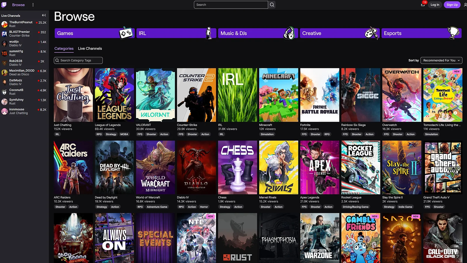 Twitch browse directory showcasing trending categories like Just Chatting, League of Legends, and Valorant