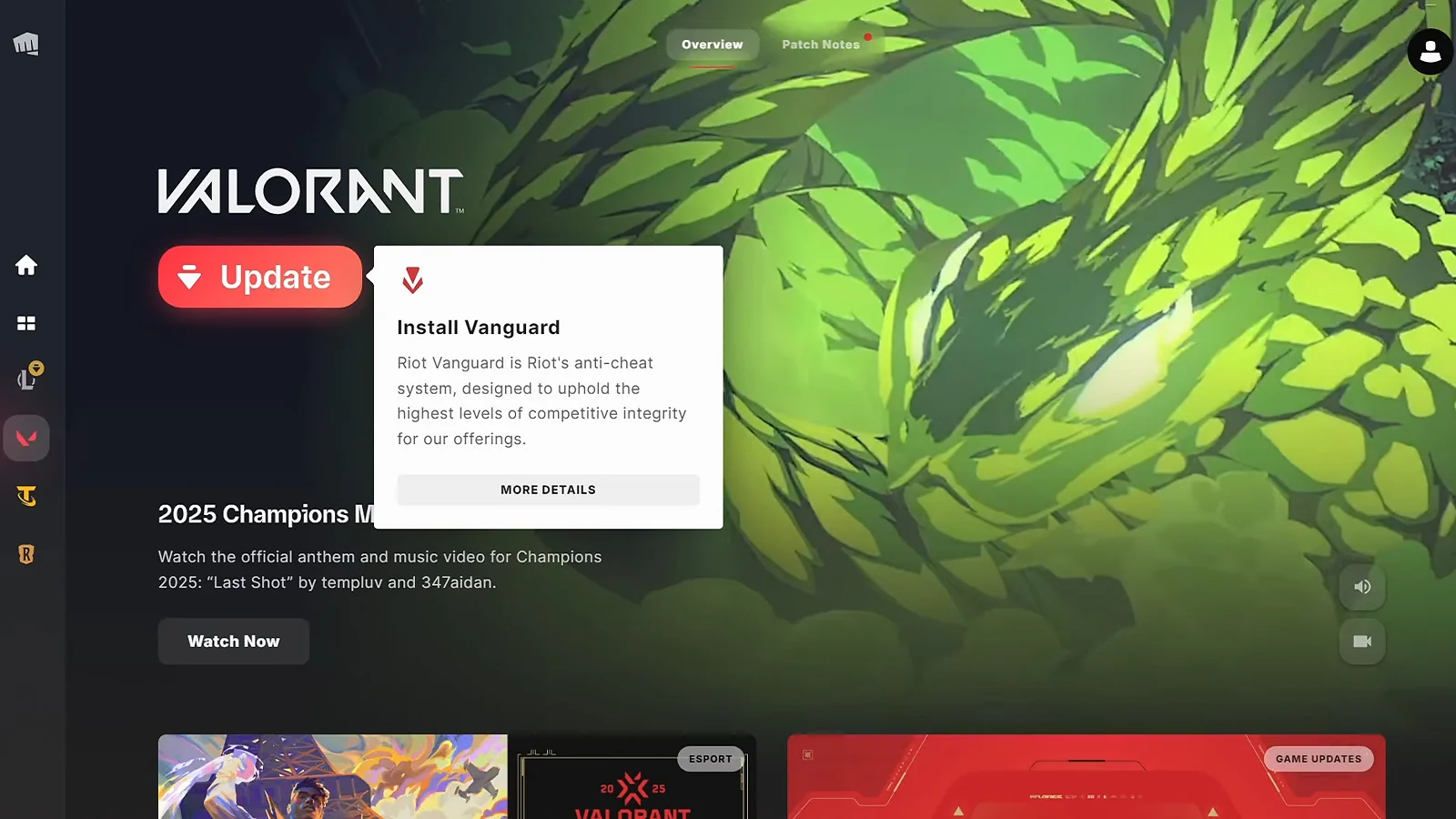 Valorant game client showing Riot Vanguard anti-cheat installation prompt for competitive integrity