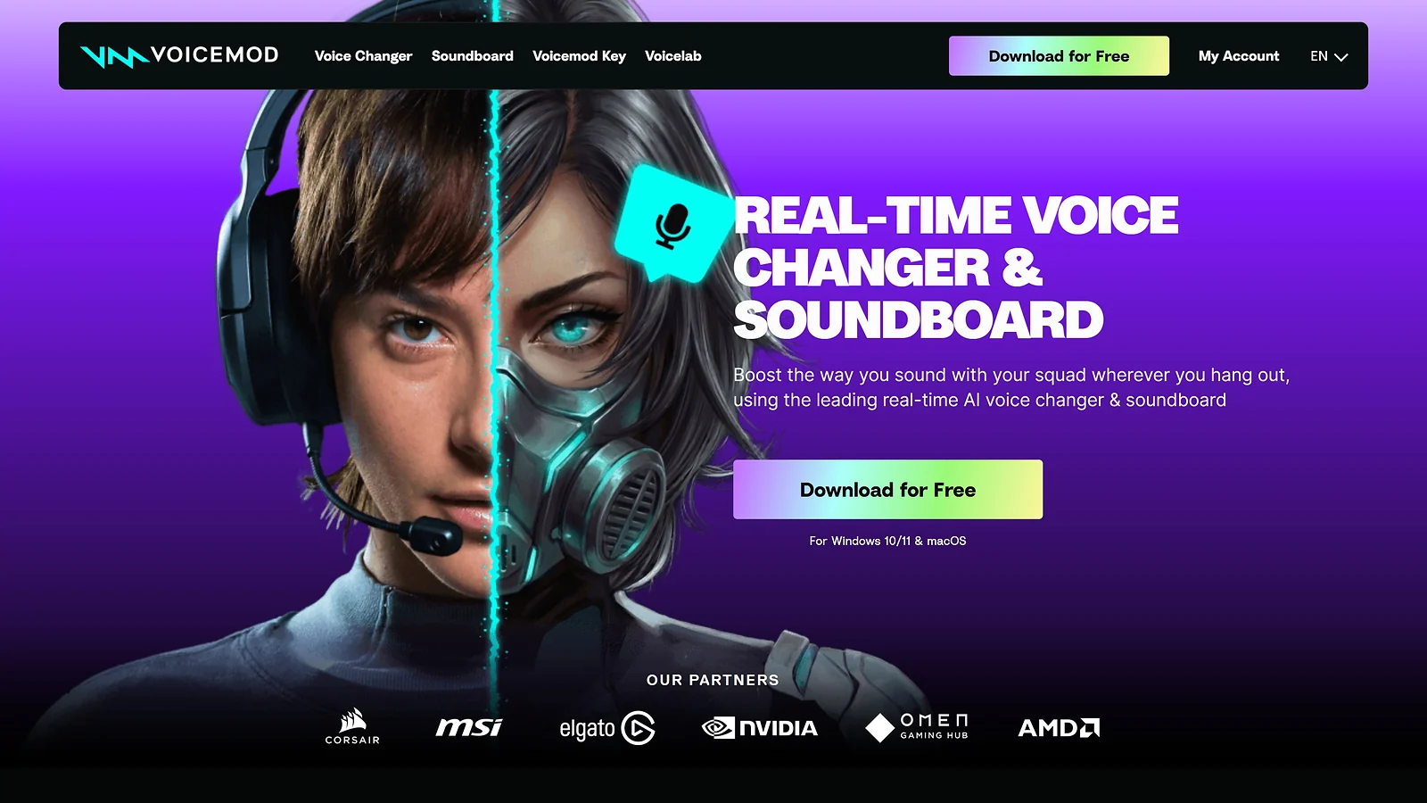 Voicemod real-time AI voice changer and soundboard website header