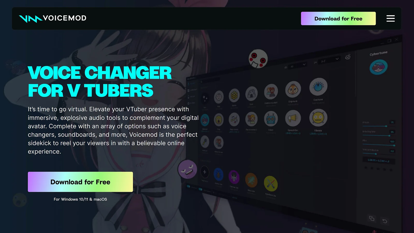 Voicemod voice changer for VTubers interface showcasing anime avatar and audio effect options