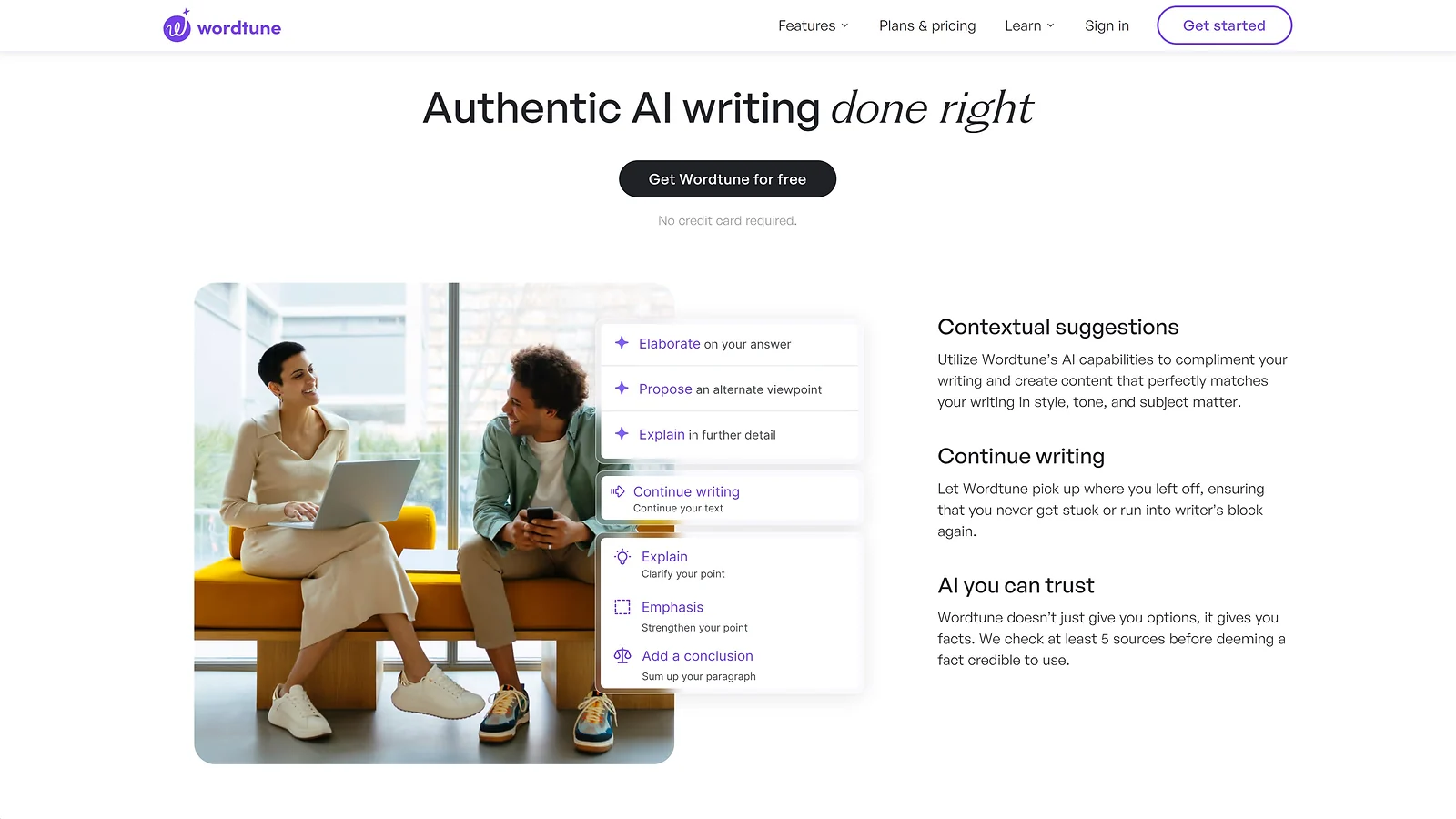 Wordtune writing tool interface displaying options to elaborate, propose viewpoints, or add conclusions.