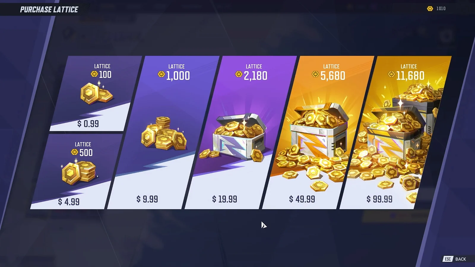 Marvel Rivals Store: Purchase Lattice premium currency screen with real money prices