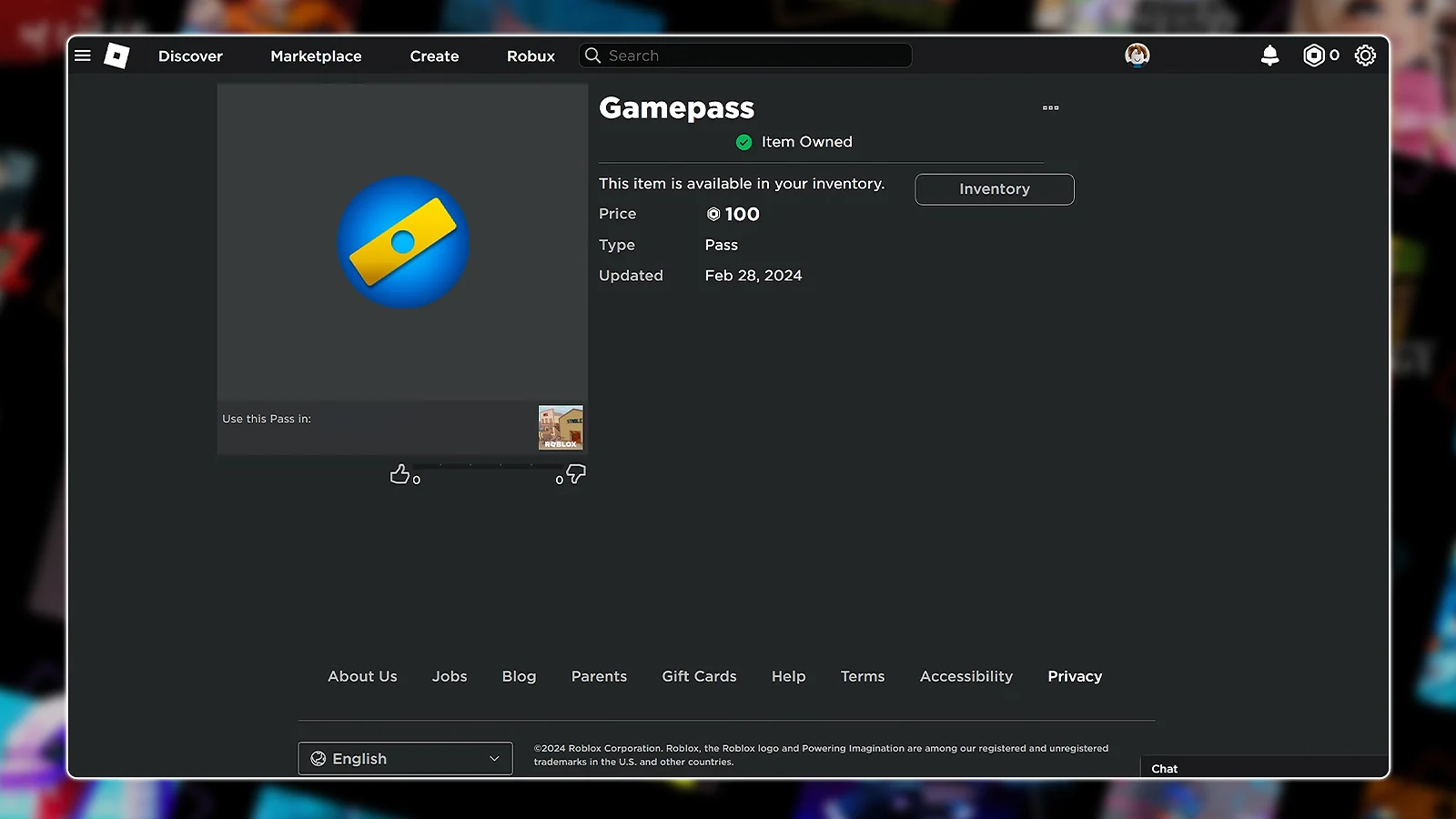 Roblox Gamepass inventory page showing a custom pass priced at 100 Robux