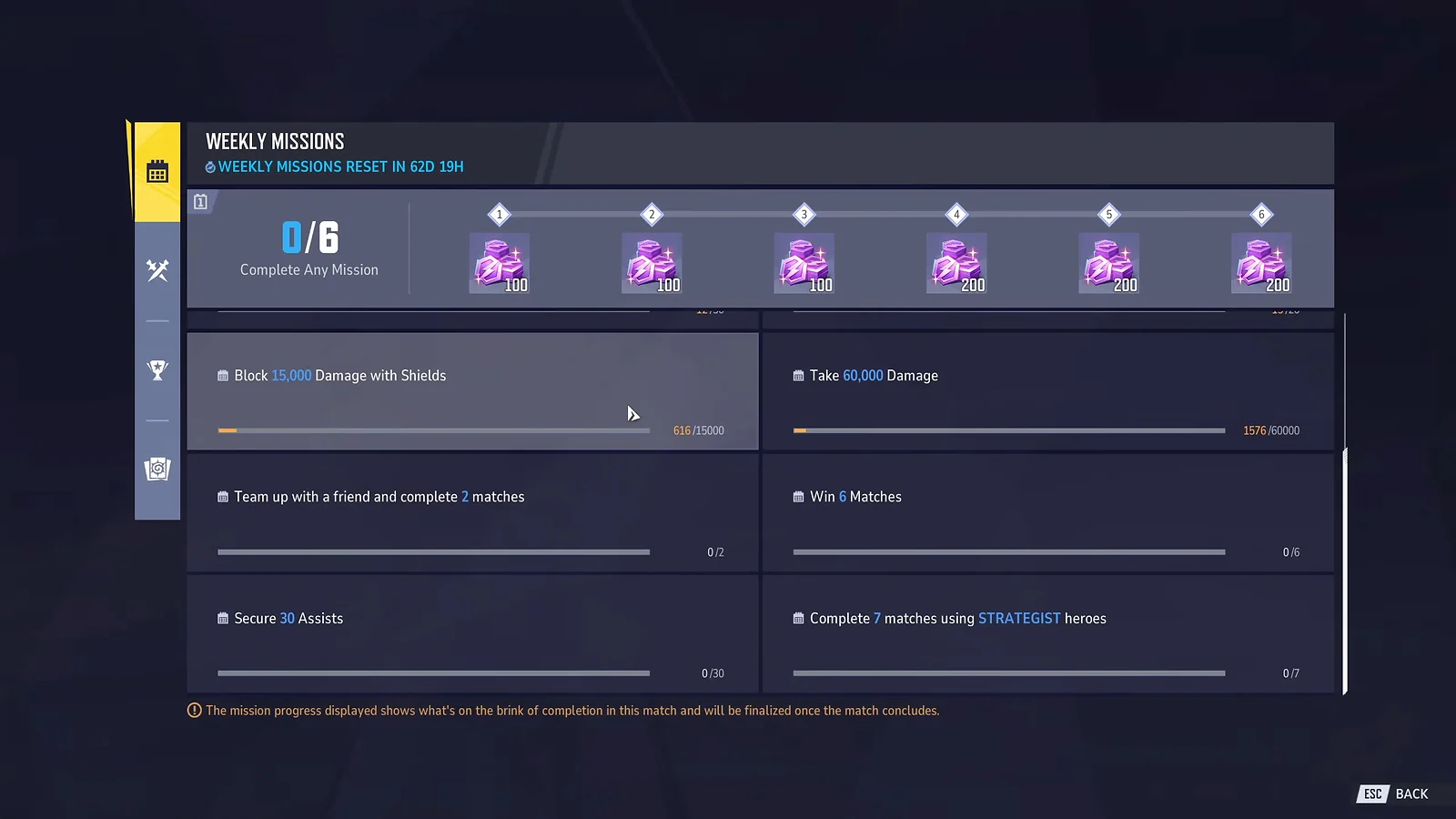 Marvel Rivals Missions: Weekly challenges screen showing Chronotoken rewards