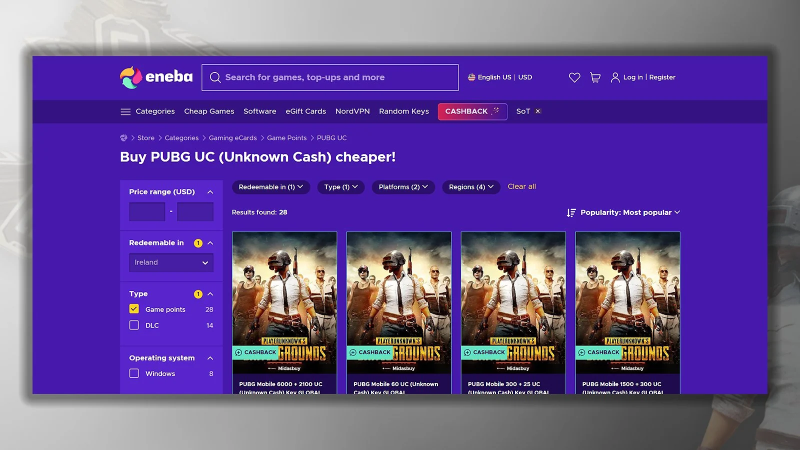 Eneba: la mejor web en general para comprar UC por Internet