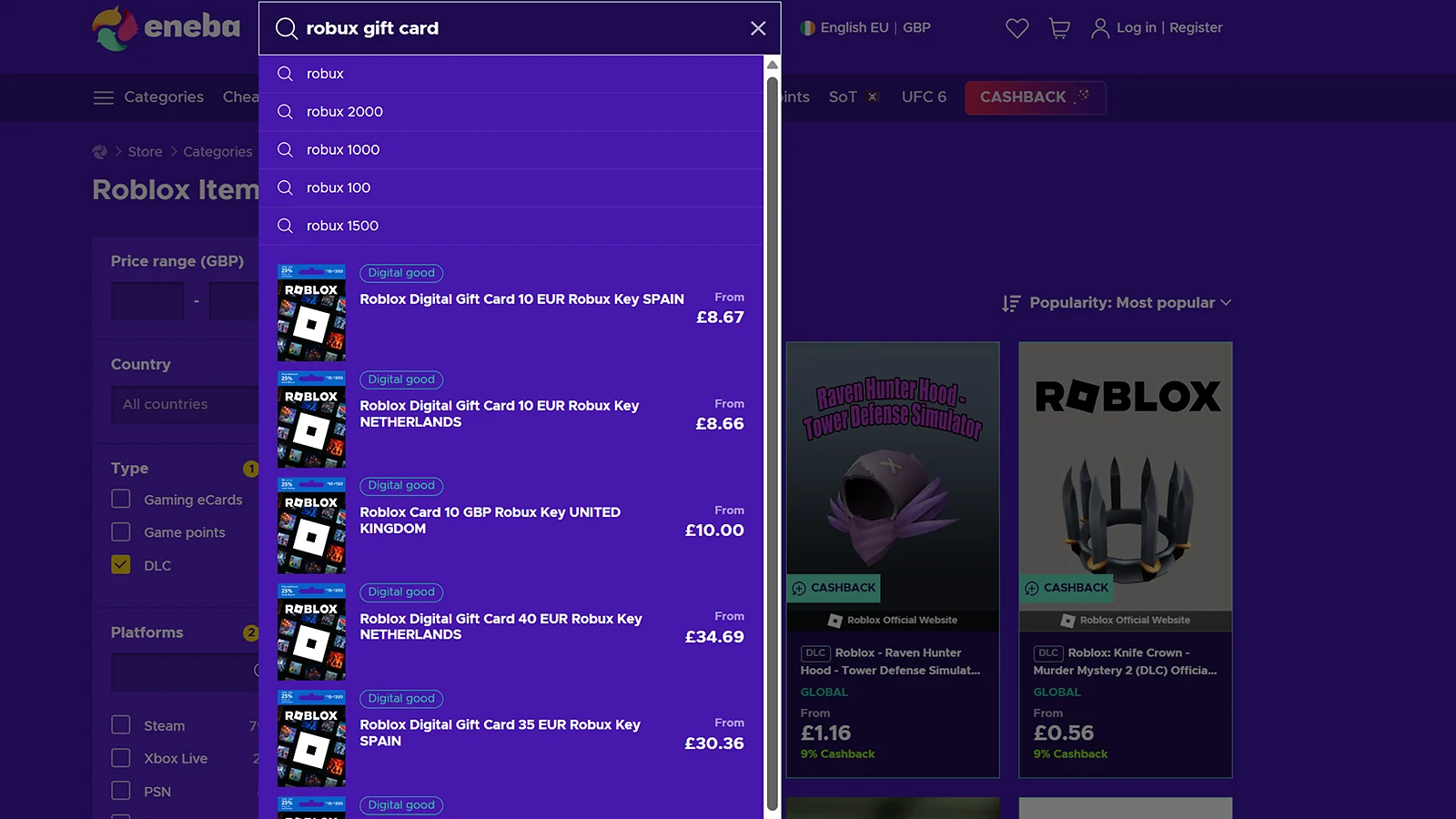 Eneba robux gift card listing