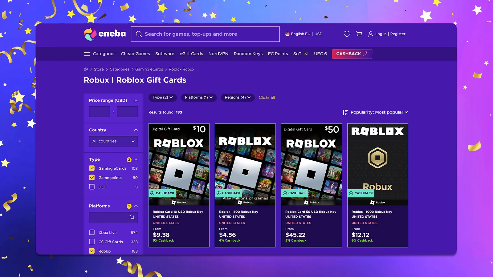 Eneba marketplace interface showing various digital Roblox gift cards and Robux keys for sale.