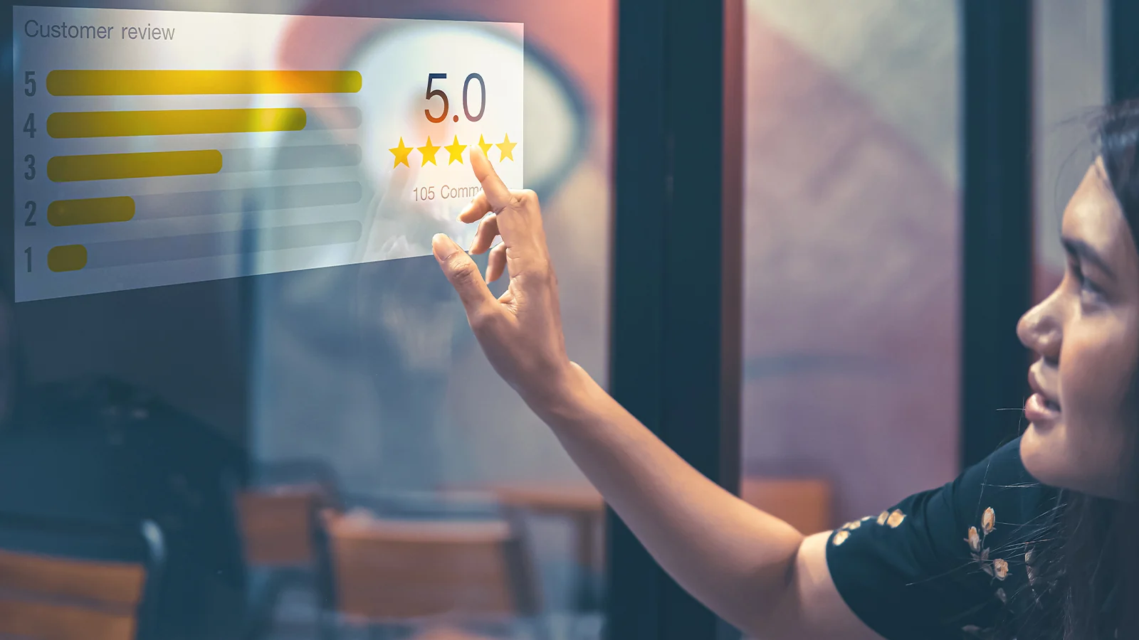 Freelance Success: Freelancer receiving a 5-star customer review rating on a digital screen