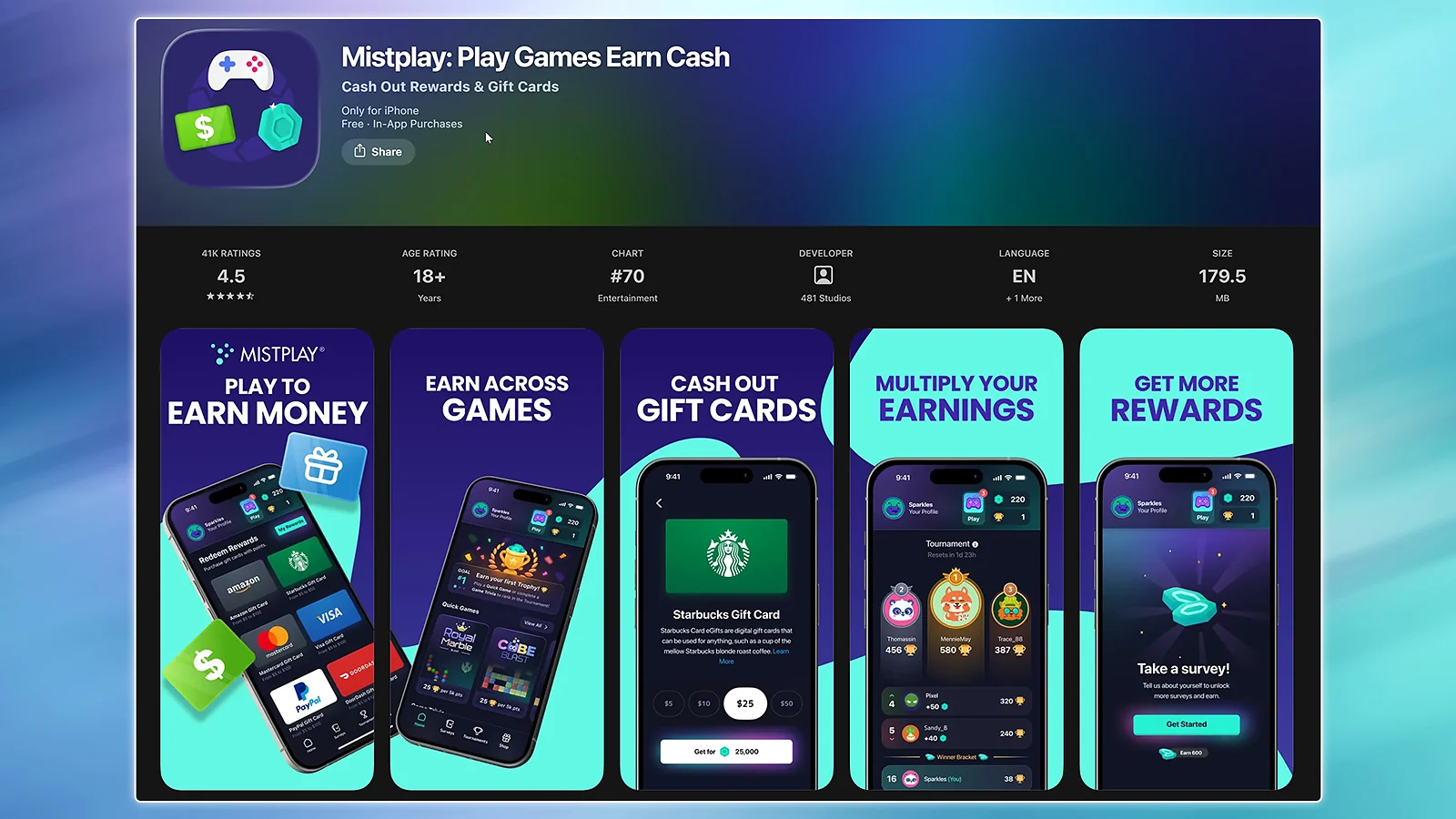 Aplicación de recompensas por jugar: ficha de Mistplay en la tienda y capturas de pantalla