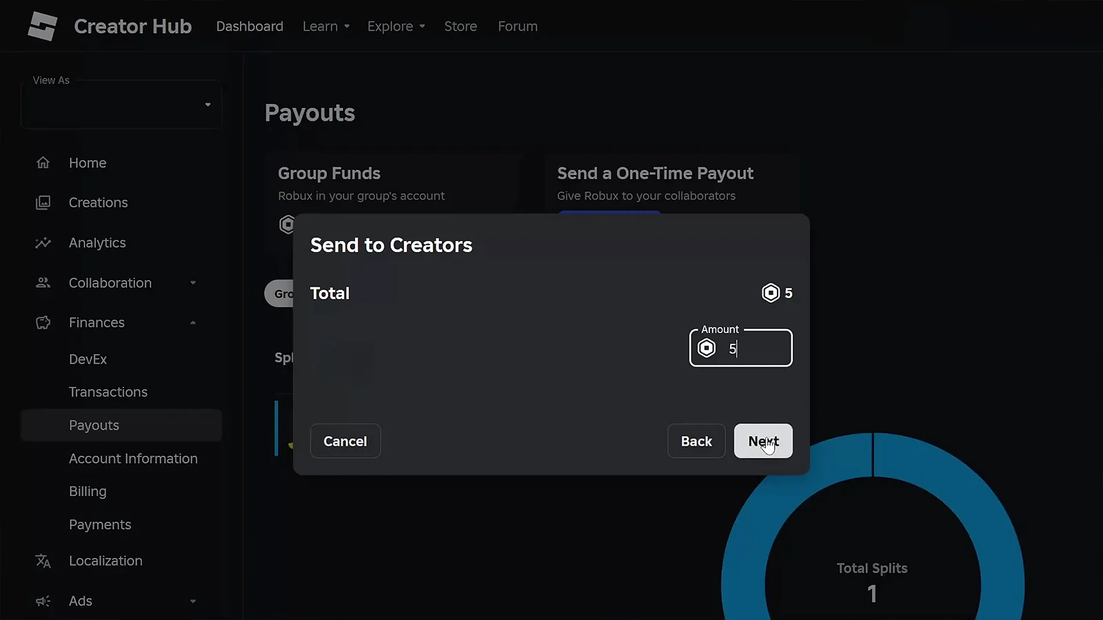 Roblox Creator Hub payouts page sending a one-time Robux payout to a group member