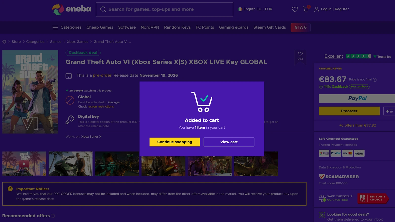 Eneba site, adding GTA6 to cart