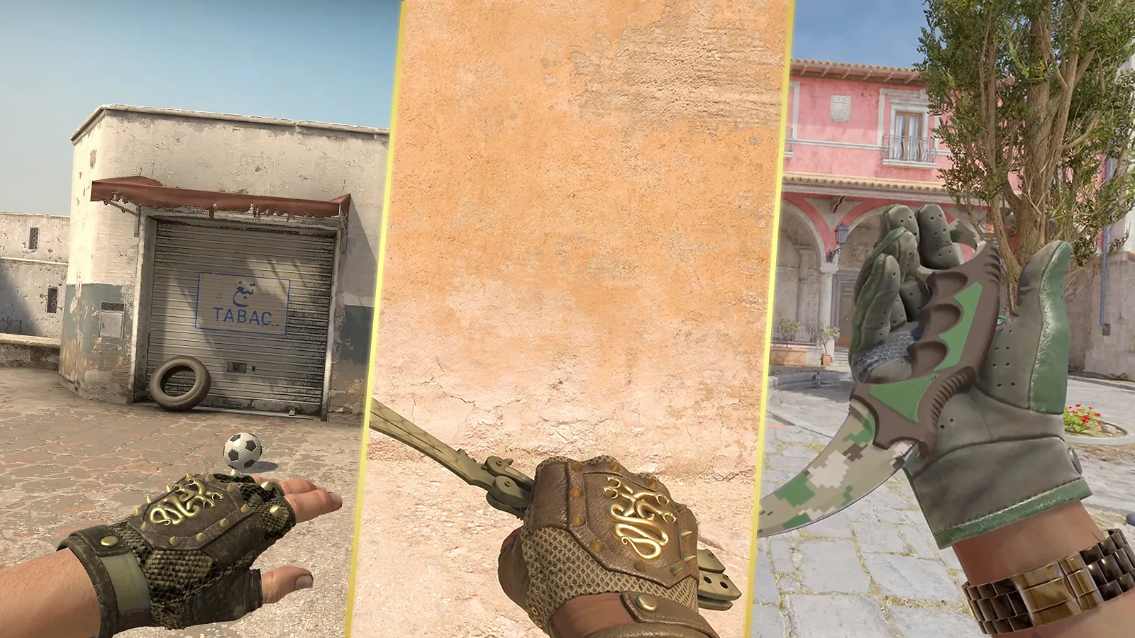 Cheapest Gloves in CS2 - In-game view of Hydra Mangrove, Hydra Rattler, & Driver Racing Green glove skins
