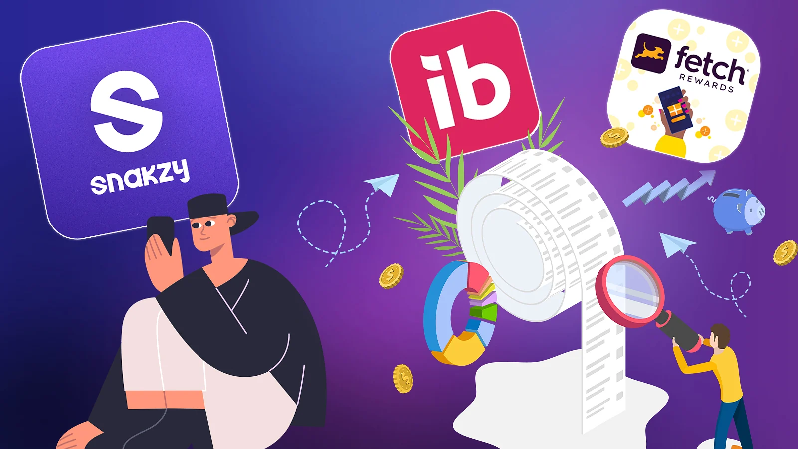 Aplicaciones de recompensas y reembolsos: logotipos de Snakzy, Ibotta y Fetch Rewards con una ilustración de un recibo