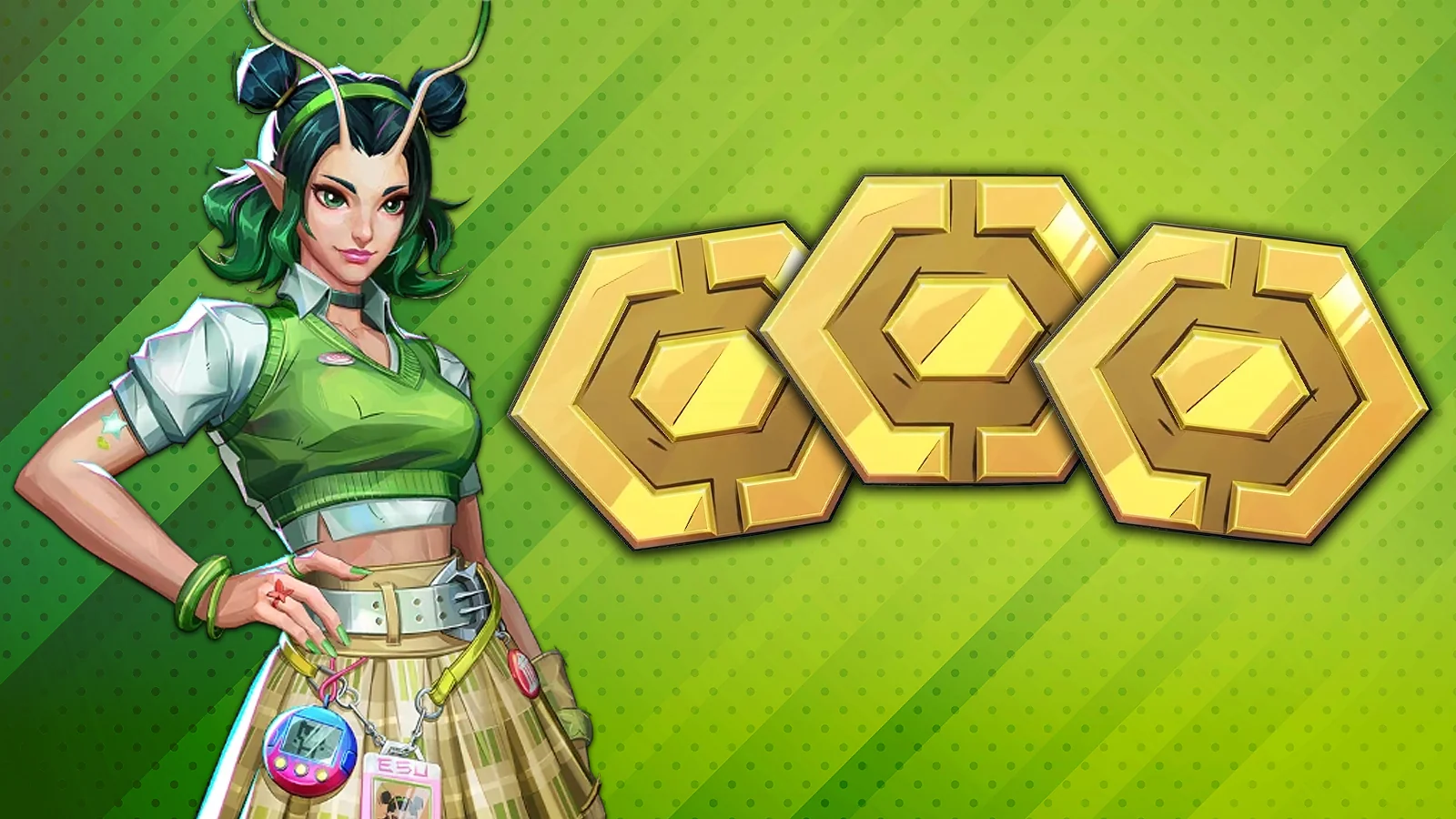 Marvel Rivals: Mantis character skin next to gold Lattice coins