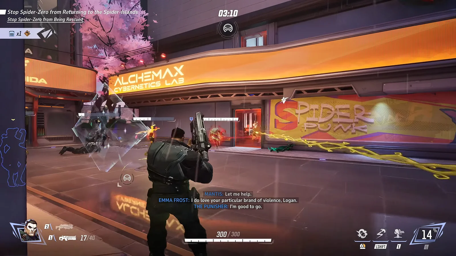 Marvel Rivals: The Punisher aiming a weapon outside Alchemax Cybernetics Lab