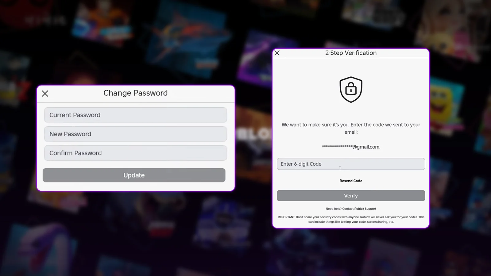 Roblox account security prompts for changing a password and entering a 2-step verification code.
