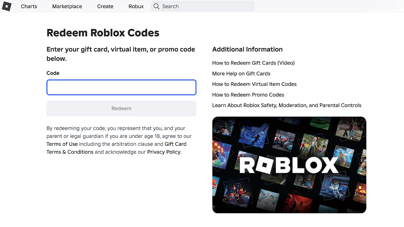 Official Roblox page interface for redeeming gift cards, virtual items, or promo codes.