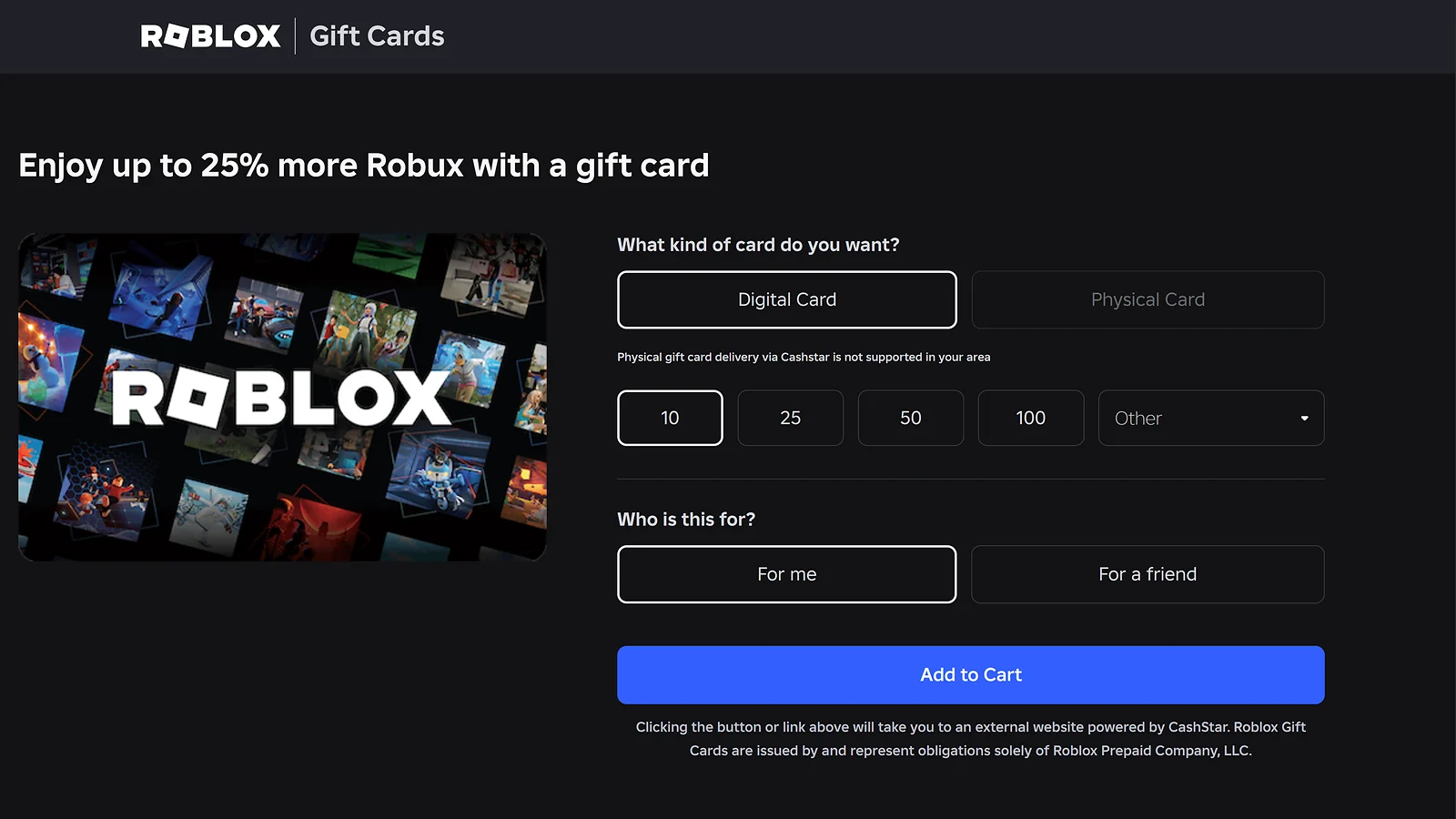 Roblox gift card purchase interface with options to buy a digital card for a friend