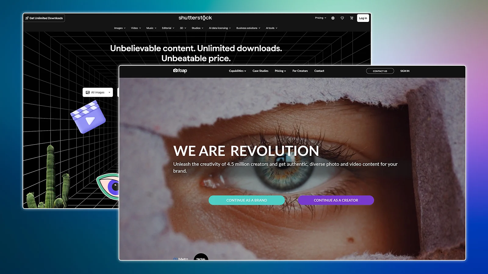 Plataformas de fotos de archivo: las páginas web de Shutterstock y Foap